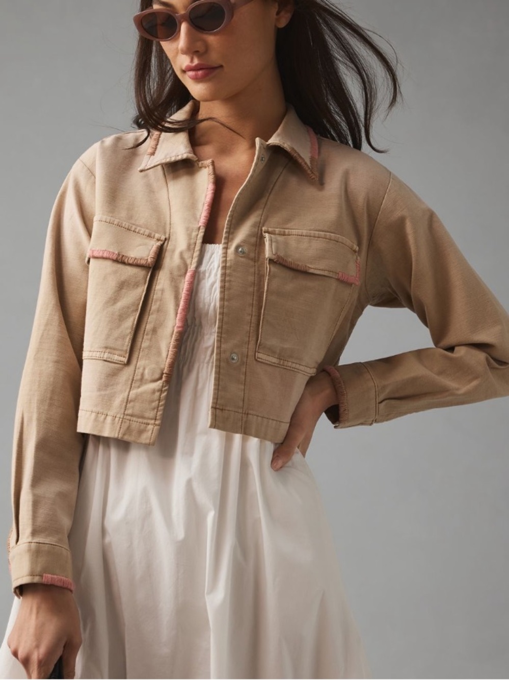 Pilcro Cropped Tan Utility Jacket with Pink Trim
